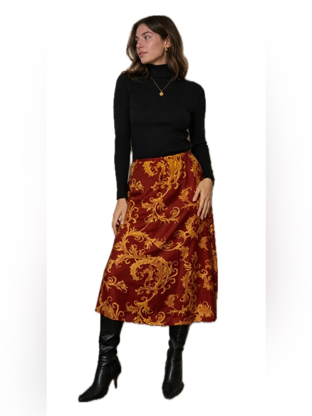 Vintage Tova-Celine 100% Silk Baroque Midi Skirt Red Gold Made USA S